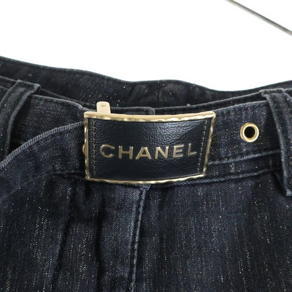 Chanel Lame Logo Buckle Belt Super Wide Denim Pants Black — view 5