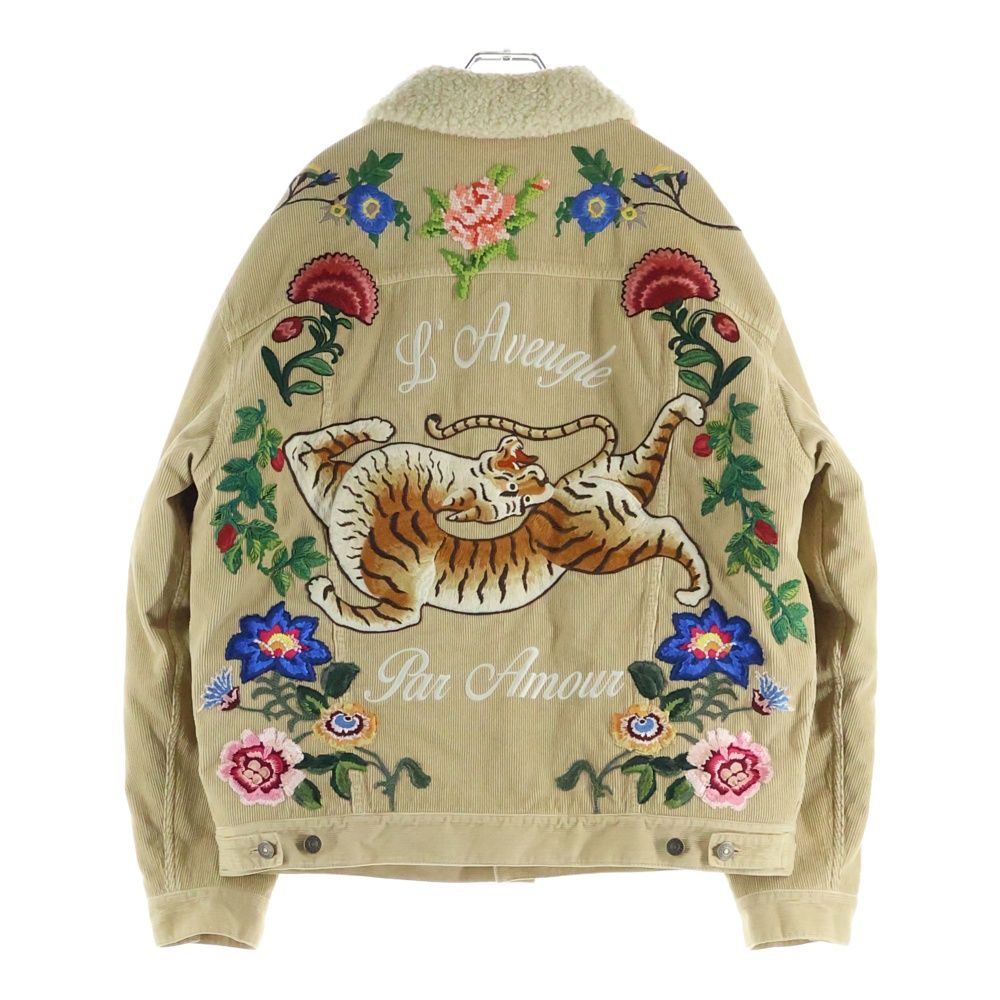 Gucci Embroidered Floral Corduroy Shearling Jacket Beige — view 2
