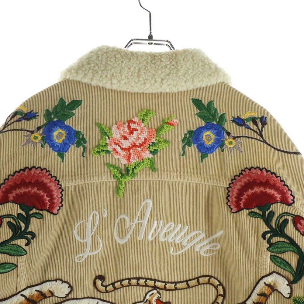 Gucci Embroidered Floral Corduroy Shearling Jacket Beige — view 4