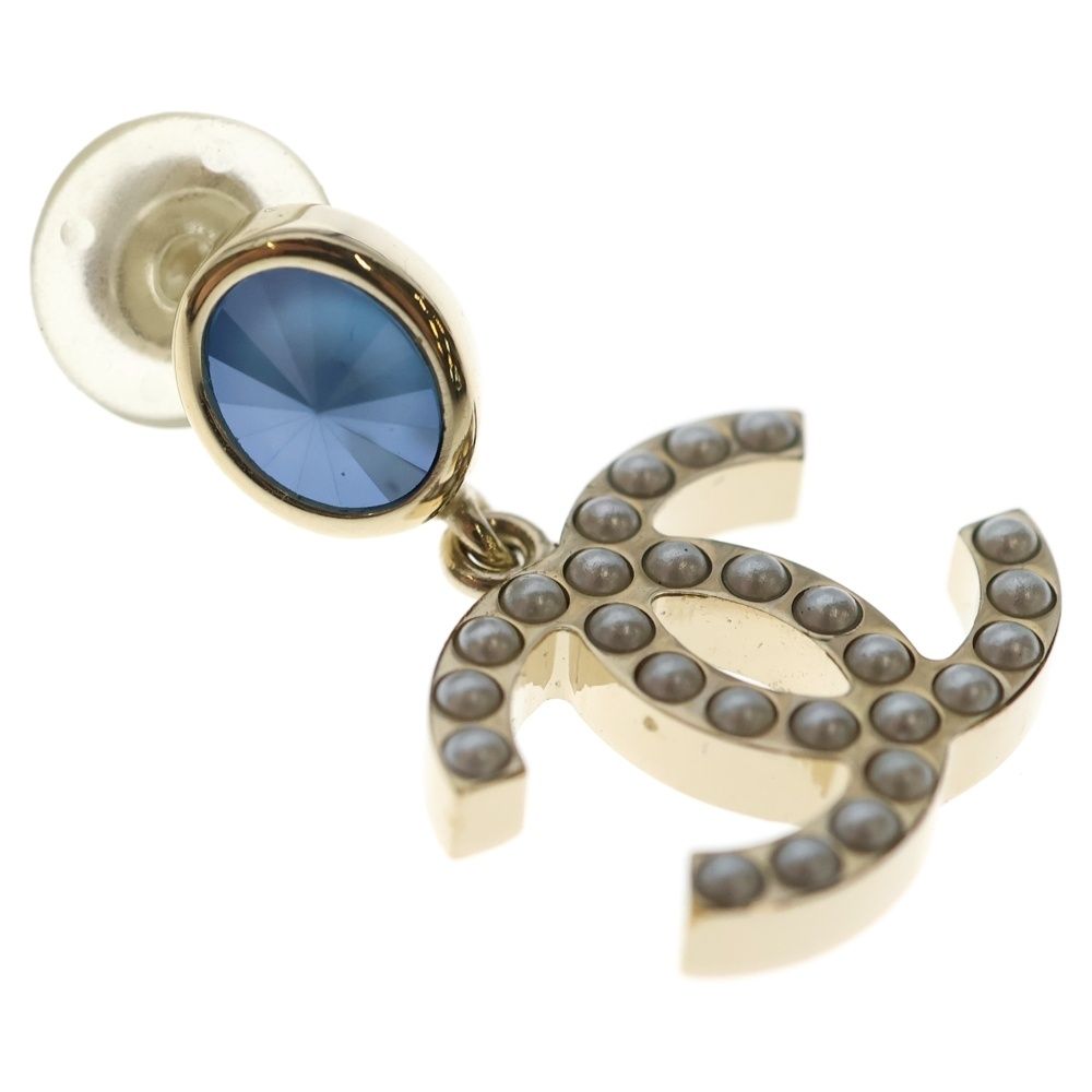 Chanel CC Logo Faux Pearl Blue Stone Earrings Gold White — view 6