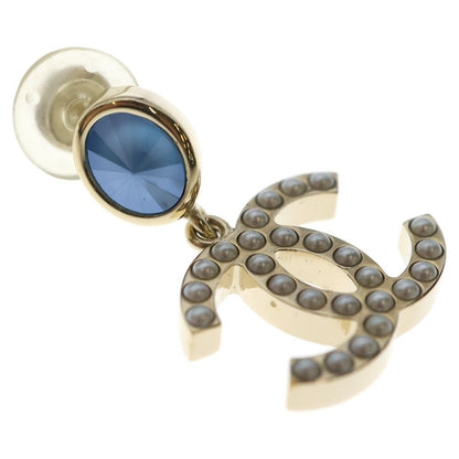 Chanel CC Logo Faux Pearl Blue Stone Earrings Gold White — view 6