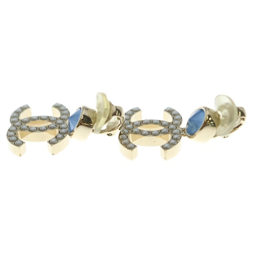 Chanel CC Logo Faux Pearl Blue Stone Earrings Gold White — view 3