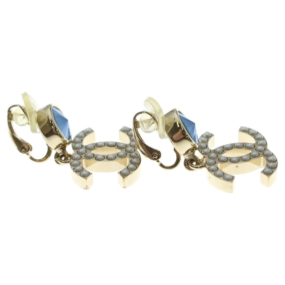 Chanel CC Logo Faux Pearl Blue Stone Earrings Gold White — view 4