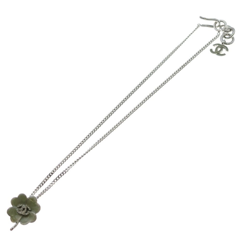 Chanel CC Logo Clover Necklace Pendant Green Silver — view 2