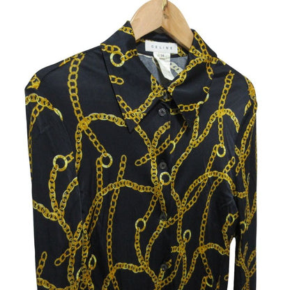 Celine Chain Pattern Long Sleeve Stretch Shirt Blouse 34 Black Yellow
