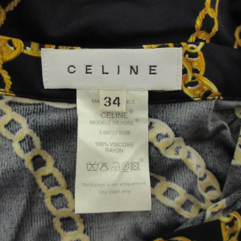 Celine Chain Pattern Long Sleeve Stretch Shirt Blouse 34 Black Yellow