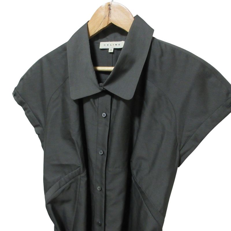 Celine Silk Blend Short Sleeve Shirt Dress 38 Gray