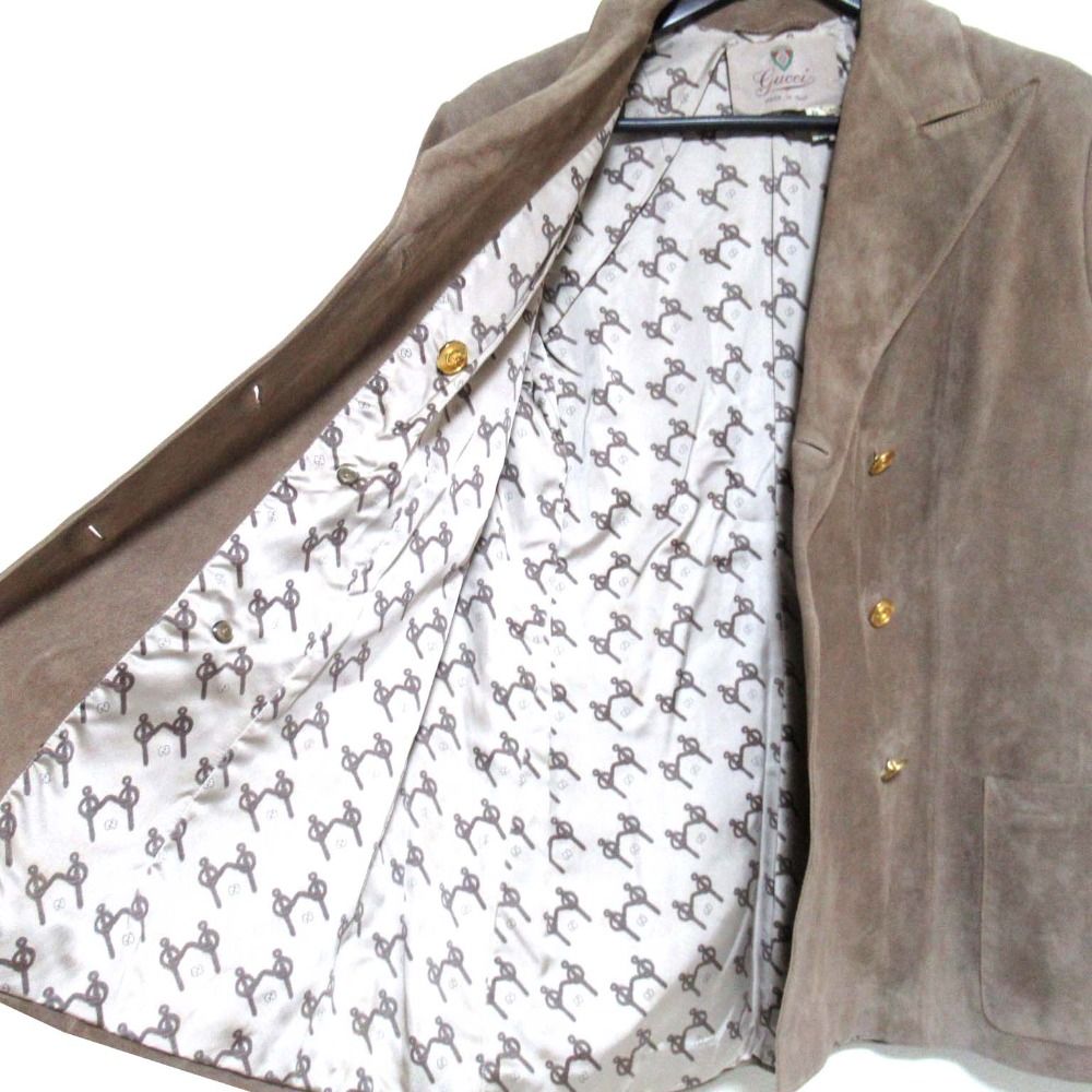 Gucci Vintage Logo Button Double Breasted Suede Leather Jacket 48 Beige — view 4