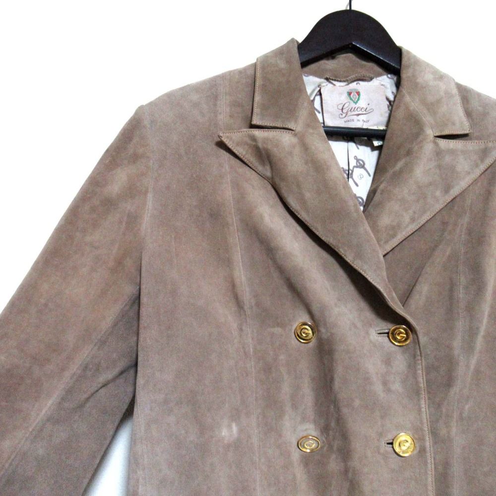 Gucci Vintage Logo Button Double Breasted Suede Leather Jacket 48 Beige — view 3