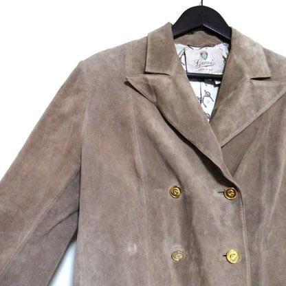 Gucci Vintage Logo Button Double Breasted Suede Leather Jacket 48 Beige — view 3