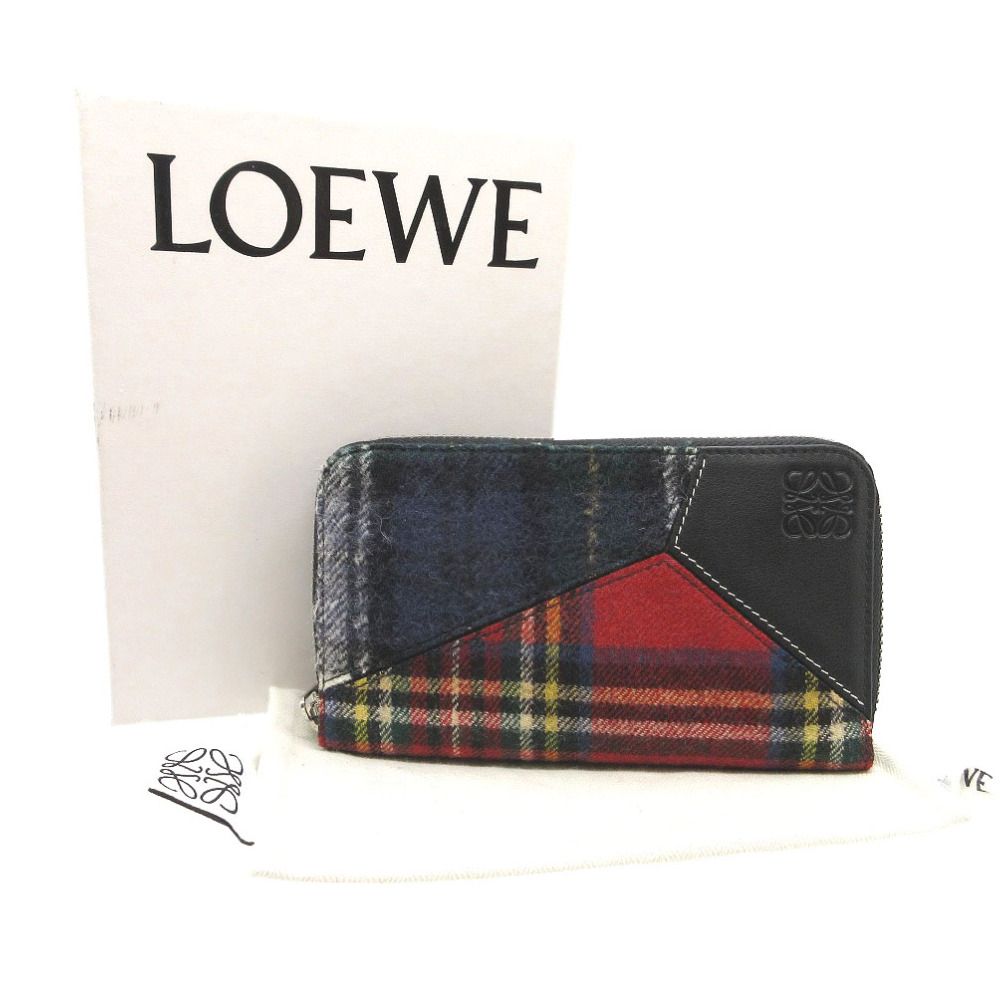 Loewe Puzzle Tartan Check Zip Around Wool Leather Multicolor Wallet Red Navy — view 2