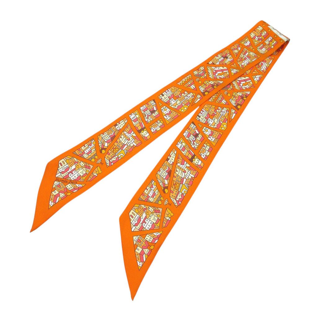 Hermes Twilly Right Bank and Left Scarf Silk Orange Multicolor — view 2