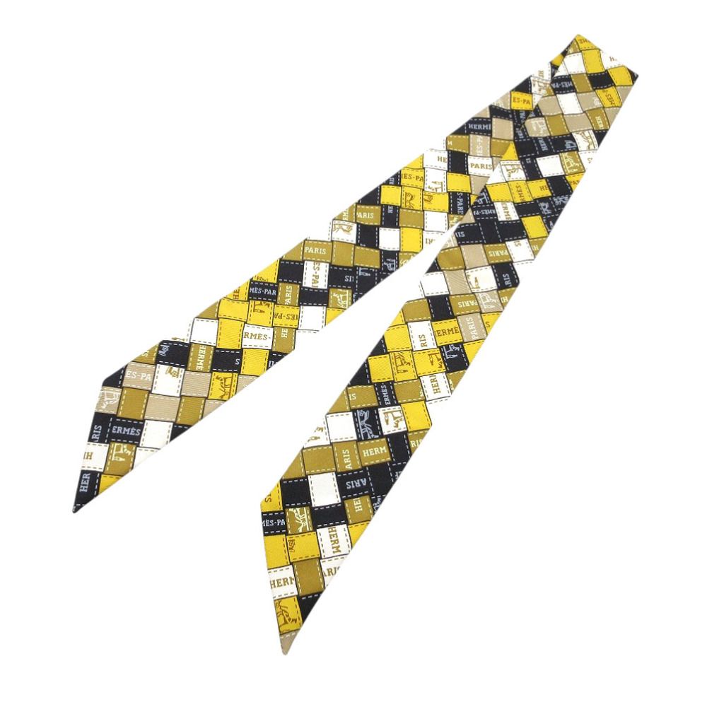 Hermes Twilly Bolduc Check Scarf Silk Yellow Black White X — view 2