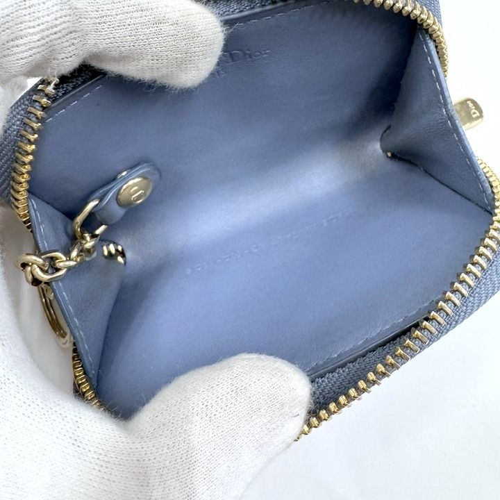Dior Cannage Coin Case with Key Ring Patent Leather Blue Gray Holder — view 6