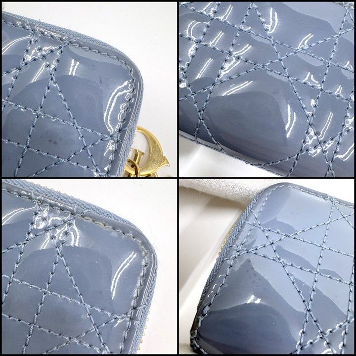 Dior Cannage Coin Case with Key Ring Patent Leather Blue Gray Holder — view 5