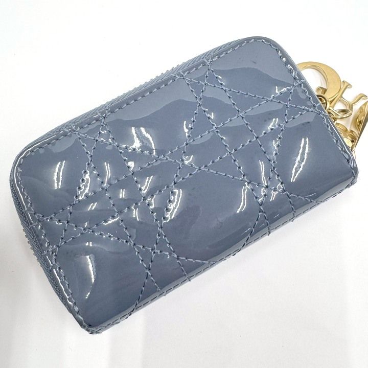Dior Cannage Coin Case with Key Ring Patent Leather Blue Gray Holder — view 2