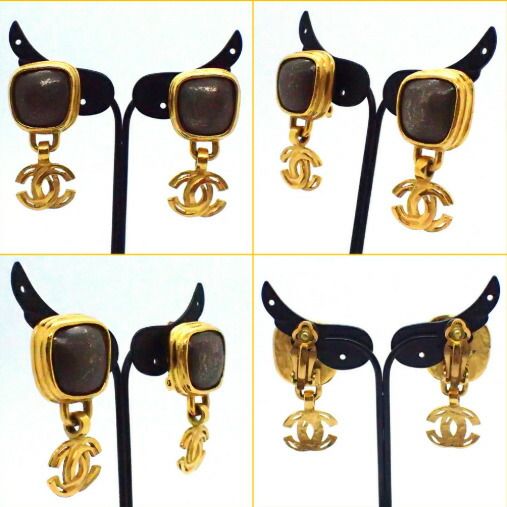 Chanel 97A Earrings Metal Gold Gray Stone Swing CC — view 2