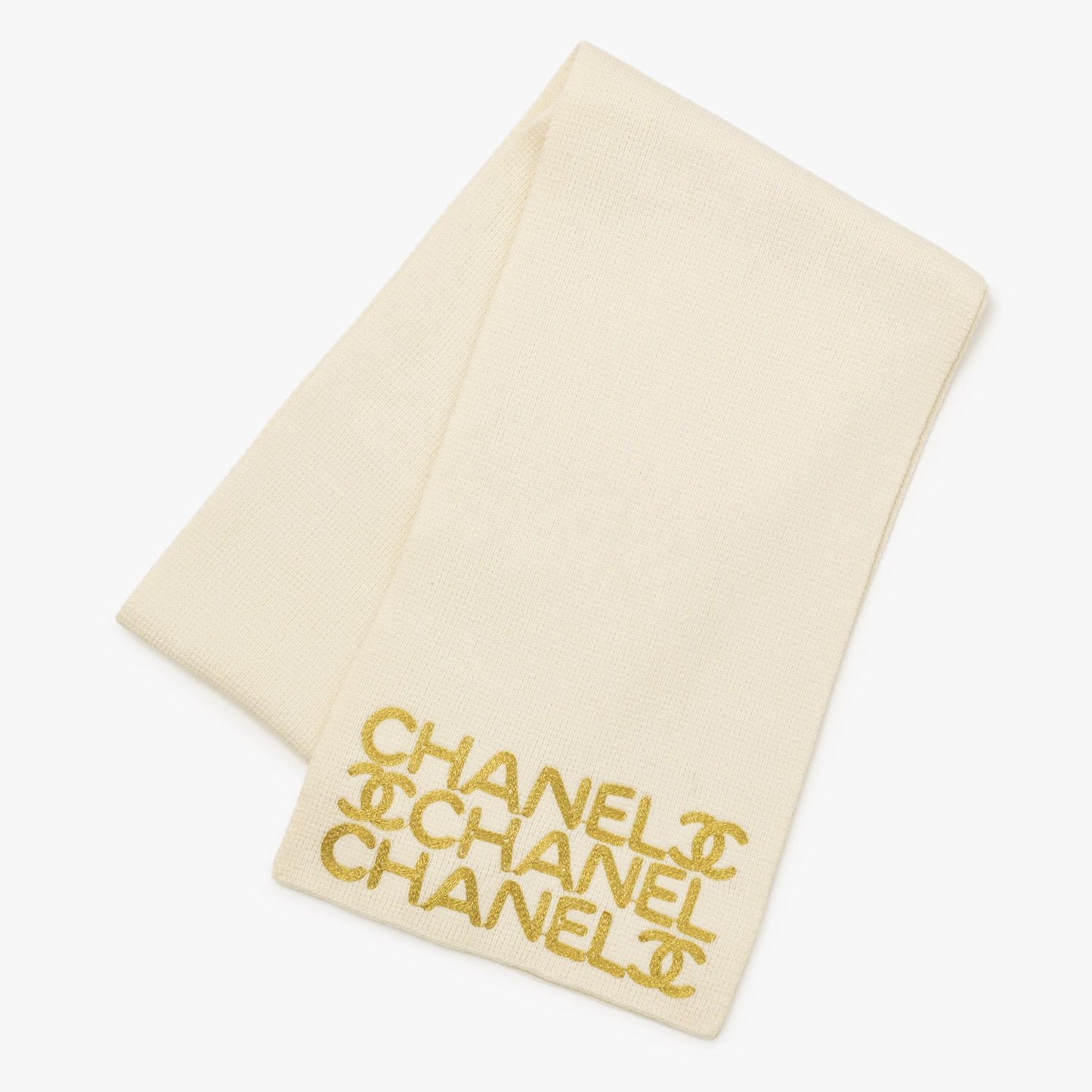 Chanel Logo Embroidery CC Scarf Tobi Quilted Pattern Wool Cashmere Ivory Gold