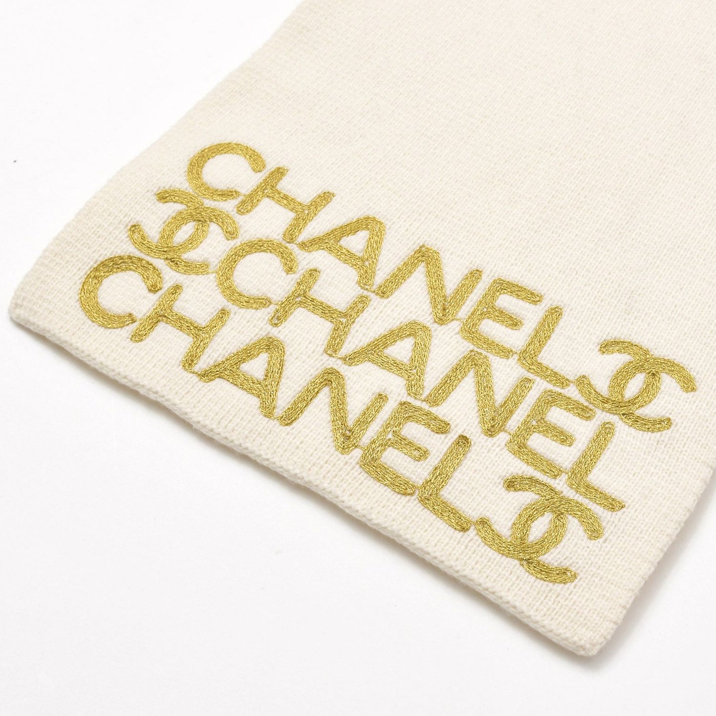 Chanel Logo Embroidery CC Scarf Tobi Quilted Pattern Wool Cashmere Ivory Gold — view 2