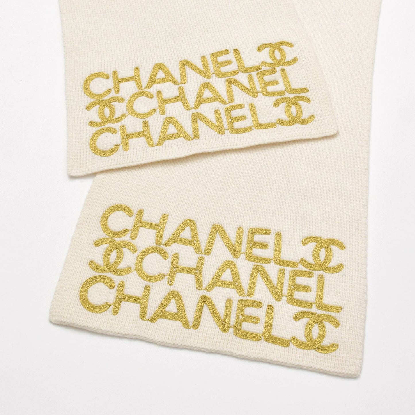Chanel Logo Embroidery CC Scarf Tobi Quilted Pattern Wool Cashmere Ivory Gold — view 3