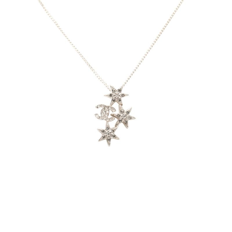Chanel CC Logo Star Rhinestone Silver Metal Necklace — view 2