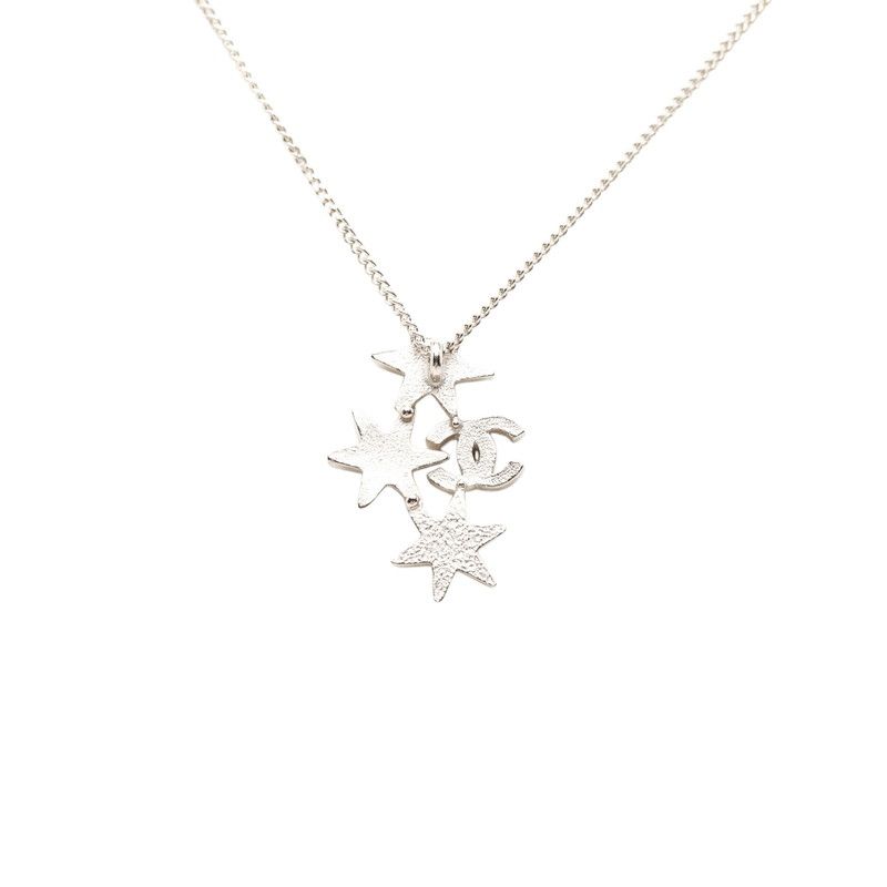Chanel CC Logo Star Rhinestone Silver Metal Necklace — view 3