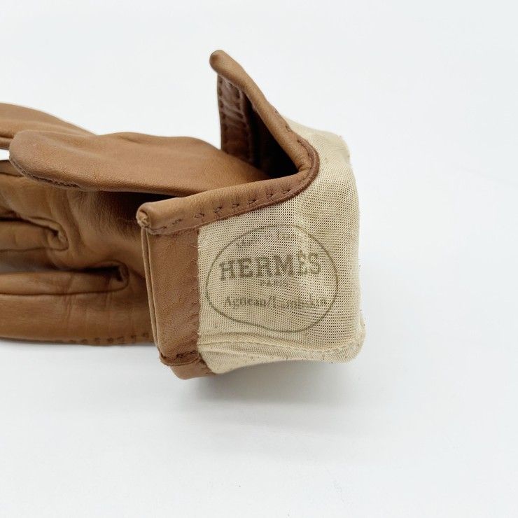 Hermes Gloves Logo Brown Leather Silver — view 3