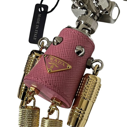 Prada Robot Pink Silver Gold Leather Metal Key Holder Charm — view 5
