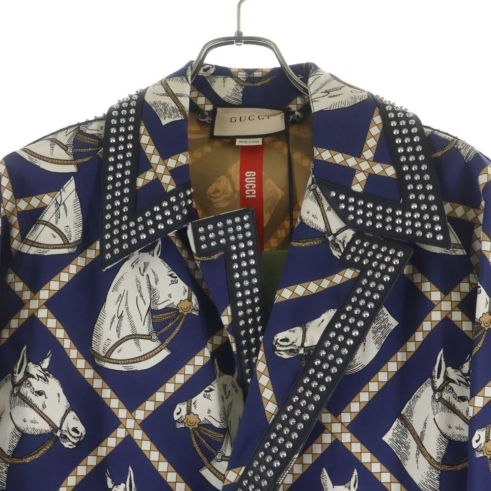 Gucci Leather Studded Lining Hose Print Long Coat Navy — view 3