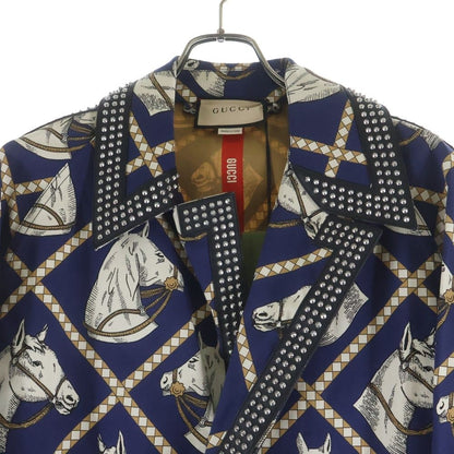 Gucci Leather Studded Lining Hose Print Long Coat Navy — view 3
