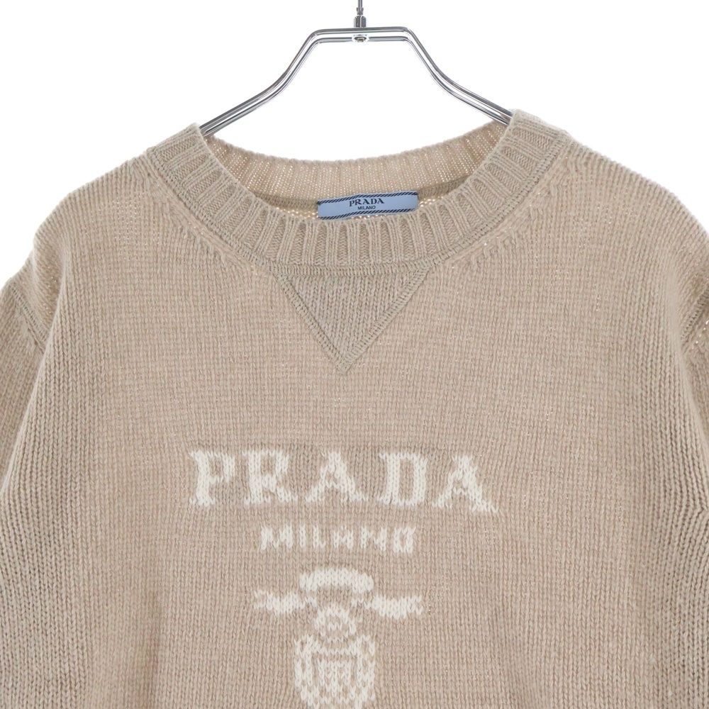 Prada Logo Jacquard Crew Neck Long Sleeve Pullover Sweater Beige — view 3