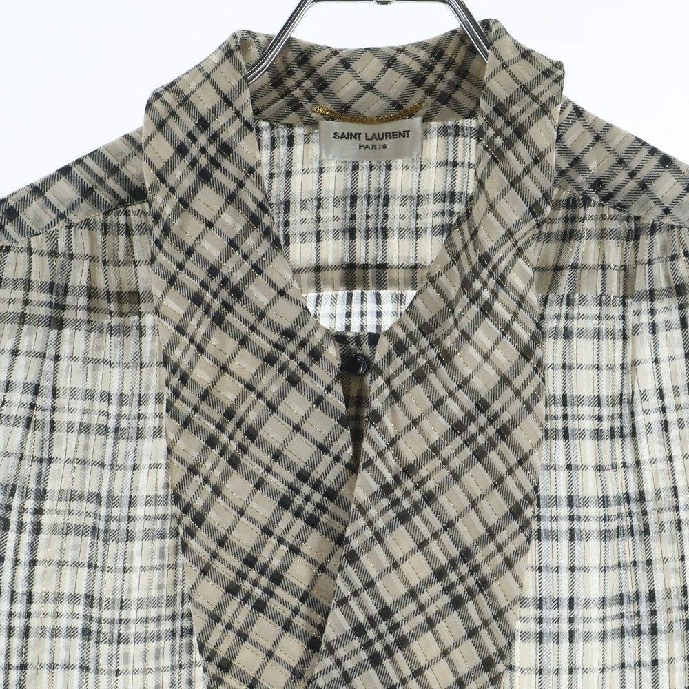 Saint Laurent Paris Silk Blend Check Blouse Beige — view 3