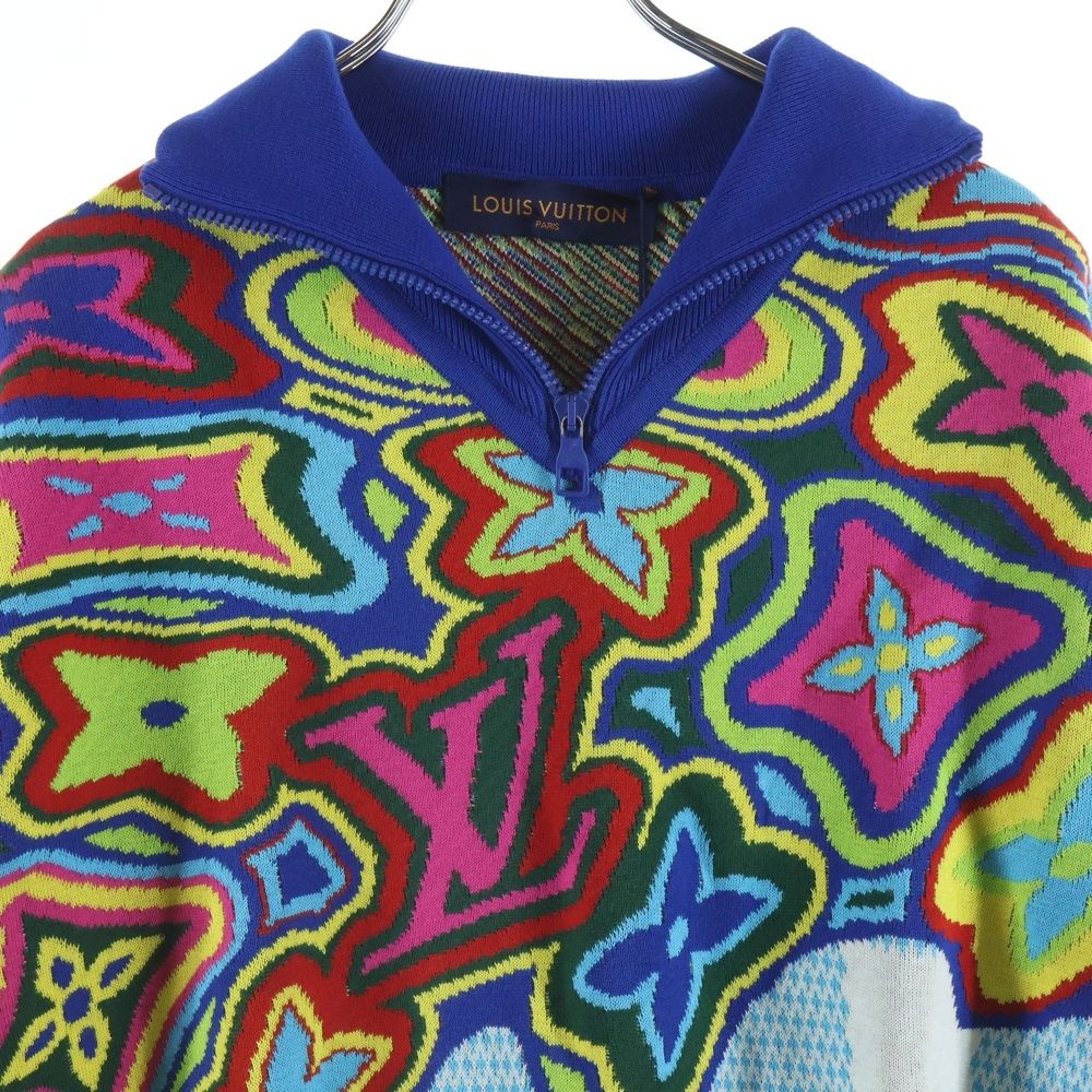 Louis Vuitton Damier Dist Det Half Zip Knit Blue Multi Zlw Flat — view 4