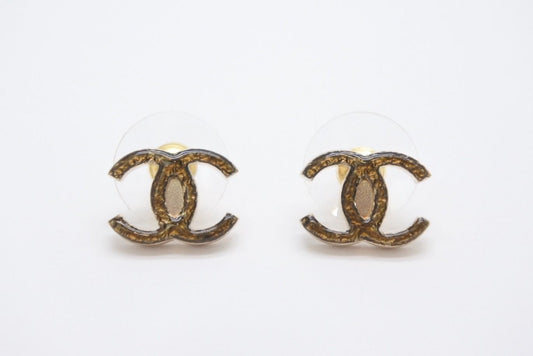 Chanel CC Logo Gold Glitter Earrings Metal