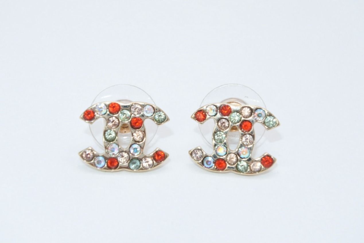 Chanel CC Logo Earrings 04 Color Stone Metal Gold Plated Multicolor