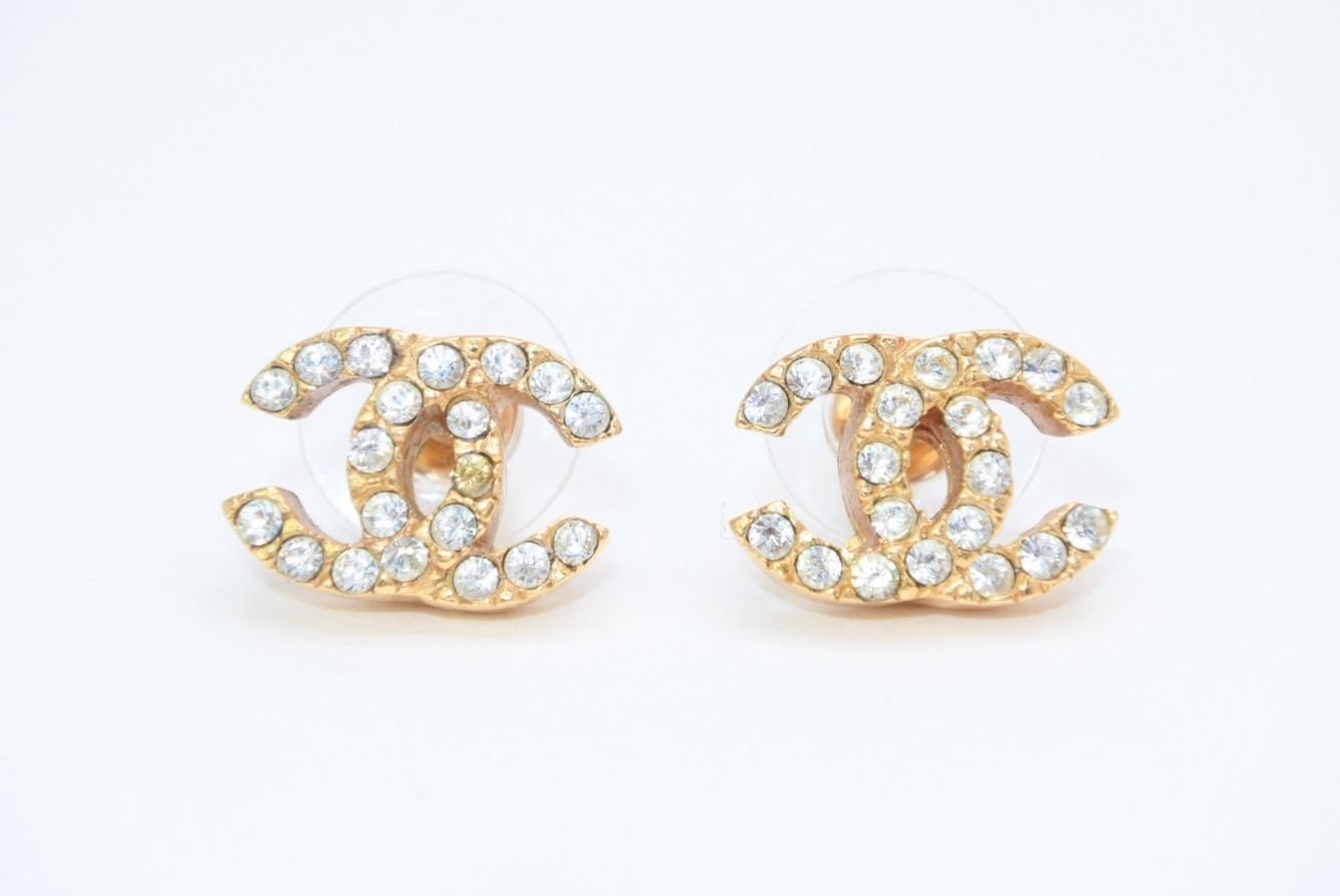Chanel CC Logo Earrings 01 Rhinestone Metal Gold Clear