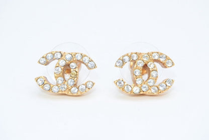 Chanel CC Logo Earrings 01 Rhinestone Metal Gold Clear