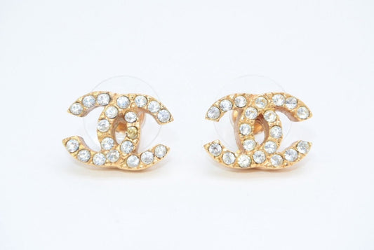 Chanel CC Logo Earrings 01 Rhinestone Metal Gold Clear