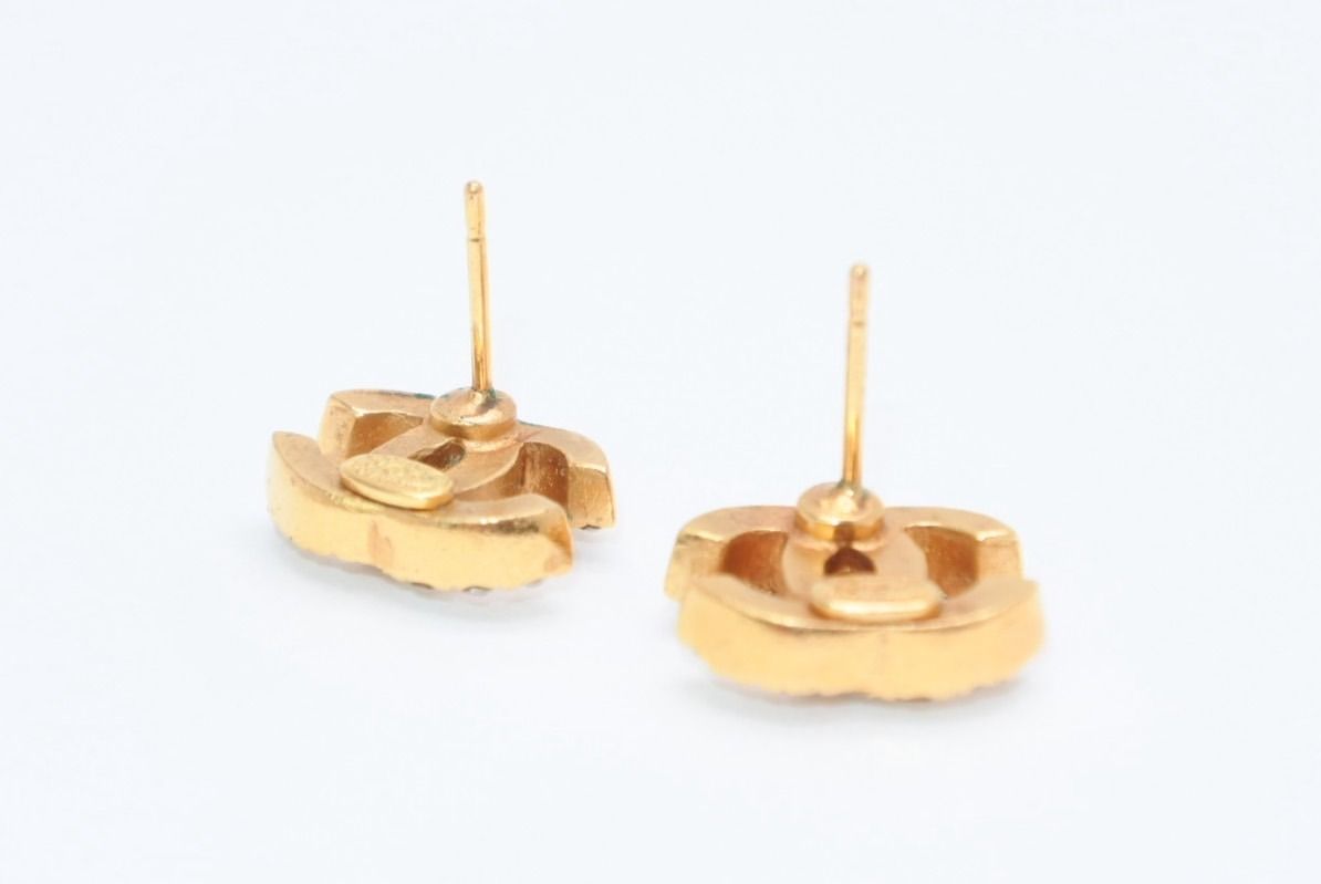Chanel CC Logo Earrings 01 Rhinestone Metal Gold Clear — view 3