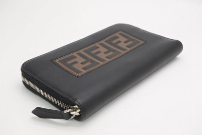 Fendi FF Logo Round Zip Wallet Leather Black Brown Silver — view 3