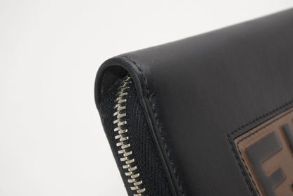 Fendi FF Logo Round Zip Wallet Leather Black Brown Silver — view 6