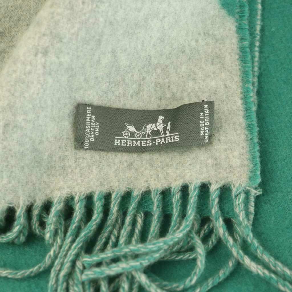 Hermes Kazak Scarf Cashmere Fringe Gray Green OS Graygreen — view 5