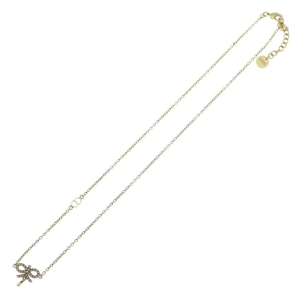 Dior Ribbon Necklace Rhinestone Pendant Chain Gold Plated — view 2