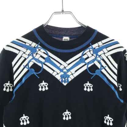 Hermes Mors a Jouets Embroidered Long Sleeve Knit Sweater Black Blue — view 3