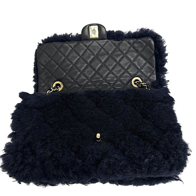Chanel Shearling Fur Lambskin Gold CC Logo Quilted Chain Shoulder Bag Navy — view 3