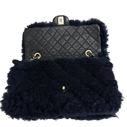 Chanel Shearling Fur Lambskin Gold CC Logo Quilted Chain Shoulder Bag Navy — view 3