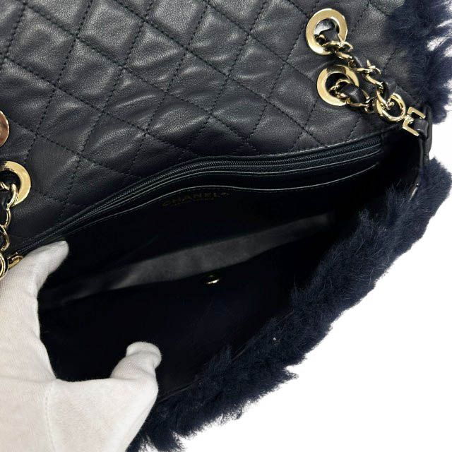 Chanel Shearling Fur Lambskin Gold CC Logo Quilted Chain Shoulder Bag Navy — view 4
