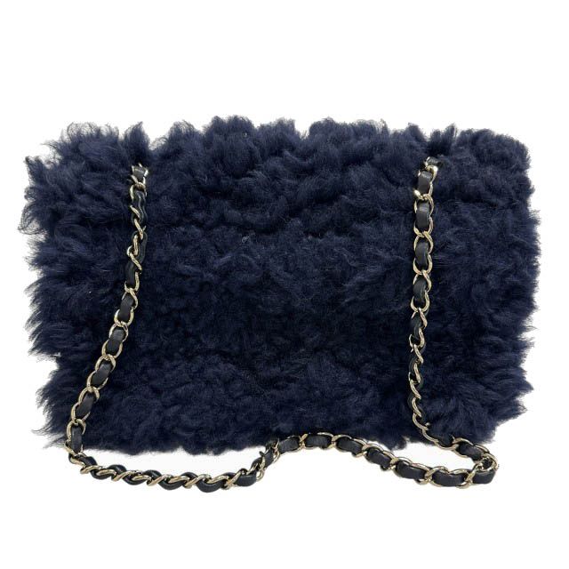 Chanel Shearling Fur Lambskin Gold CC Logo Quilted Chain Shoulder Bag Navy — view 2