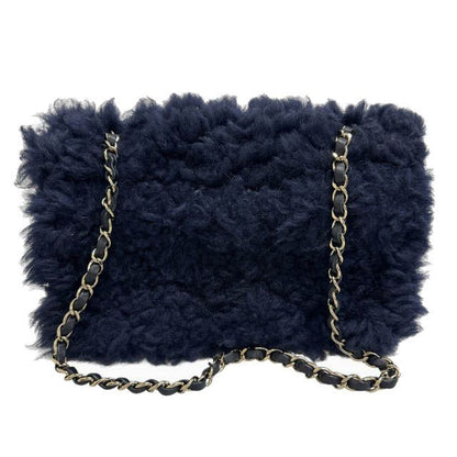 Chanel Shearling Fur Lambskin Gold CC Logo Quilted Chain Shoulder Bag Navy — view 2
