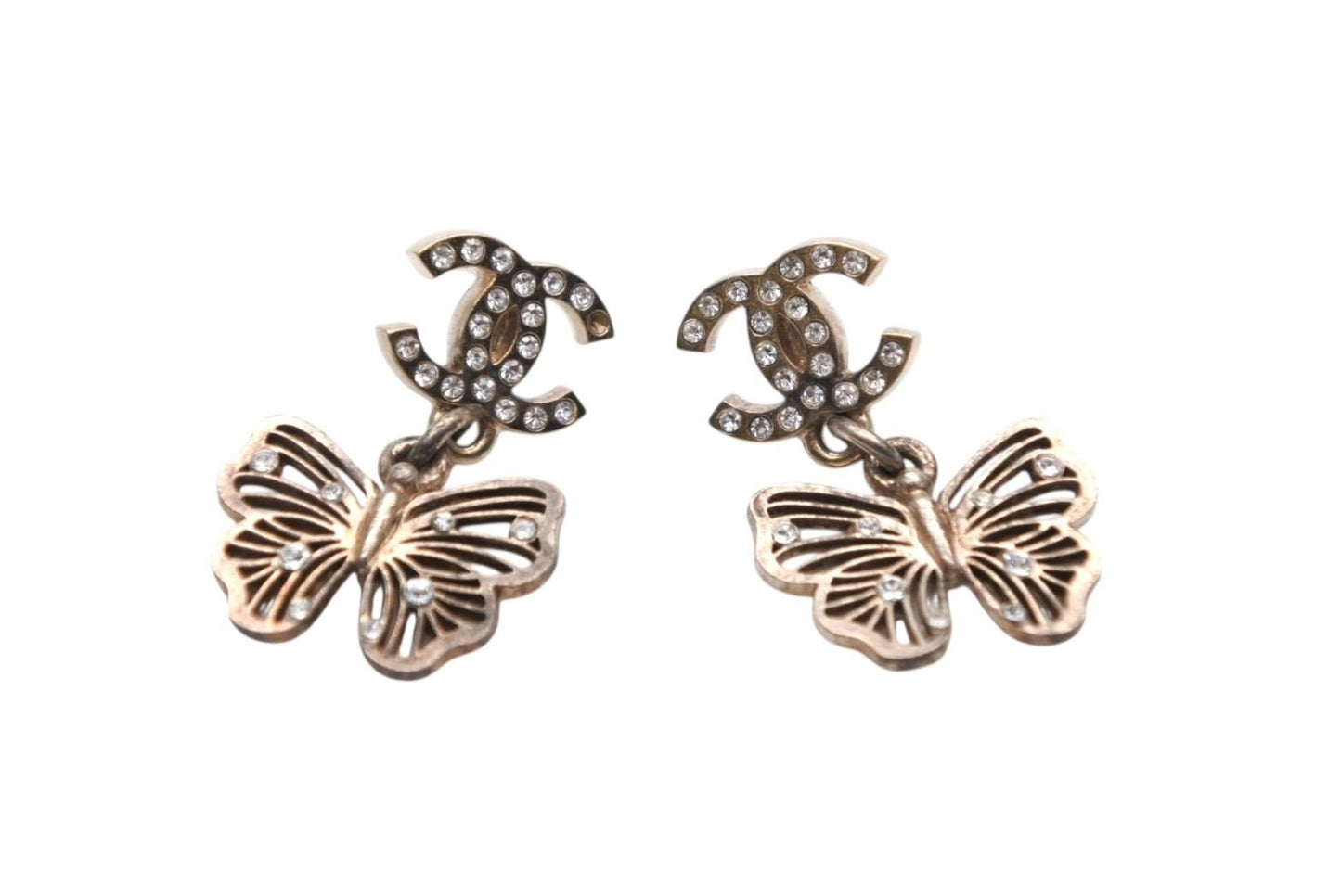 Chanel Rhinestone CC Logo Butterfly Earrings 11 Metal Gold